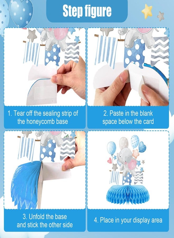 ZCPTZ 12 Pcs Blue Elephant Honeycomb Centerpieces Moon Star Balloons Elephant Theme Party Topper It’s A Boy 3D Baby Shower Honeycomb Table Decorations for Birtaday Wedding Shower Party Supplies - Image 4